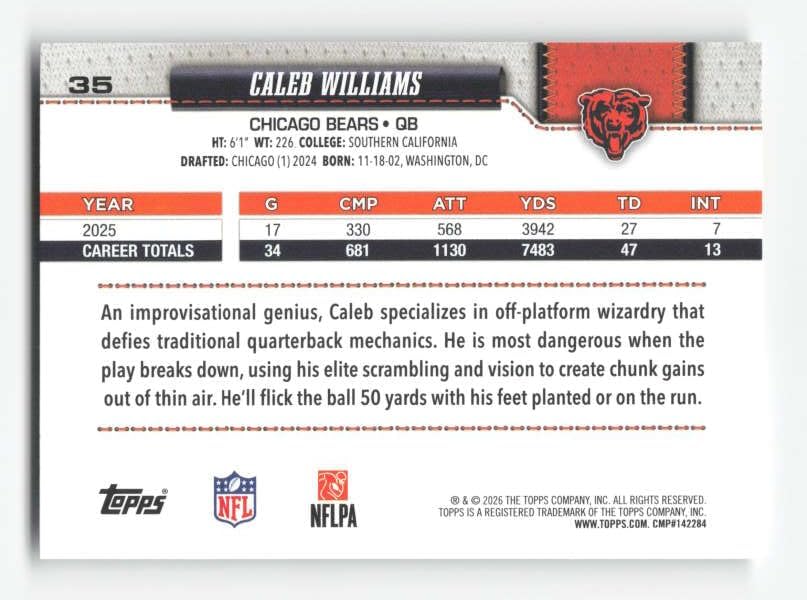 2026 TOPPS #35 CALEB WILLIAMS CHICAGO BEARS NFL