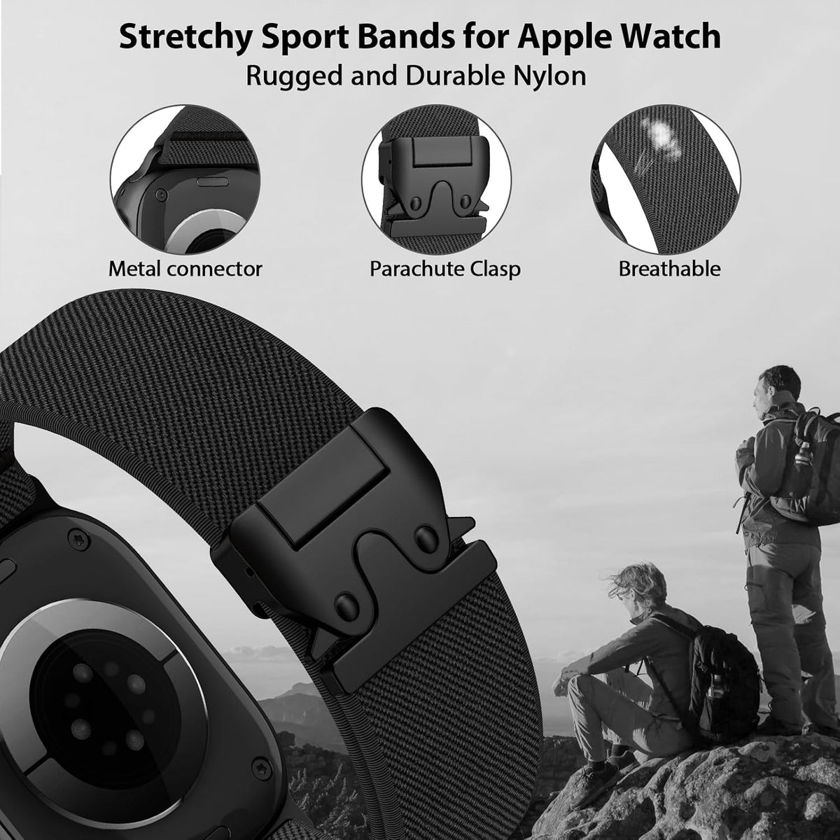 Elastic Sport Band for Apple Watch Ultra 4/3/2 Band 49mm 46mm 45mm 44mm 42mm 41mm 40mm Men, Adjustable Parachute Buckle Nylon Fabric Wristband for iWatch Series 12 11 10 SE 9 8 7 6 5 4 3