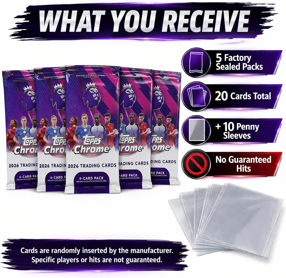 2026 Topps Chrome Premier League Soccer Cards – 5 Factory Sealed Packs (20 Cards Total) + 10 Penny Sleeves | EPL Trading Card Bundle for Collectors & Gifts