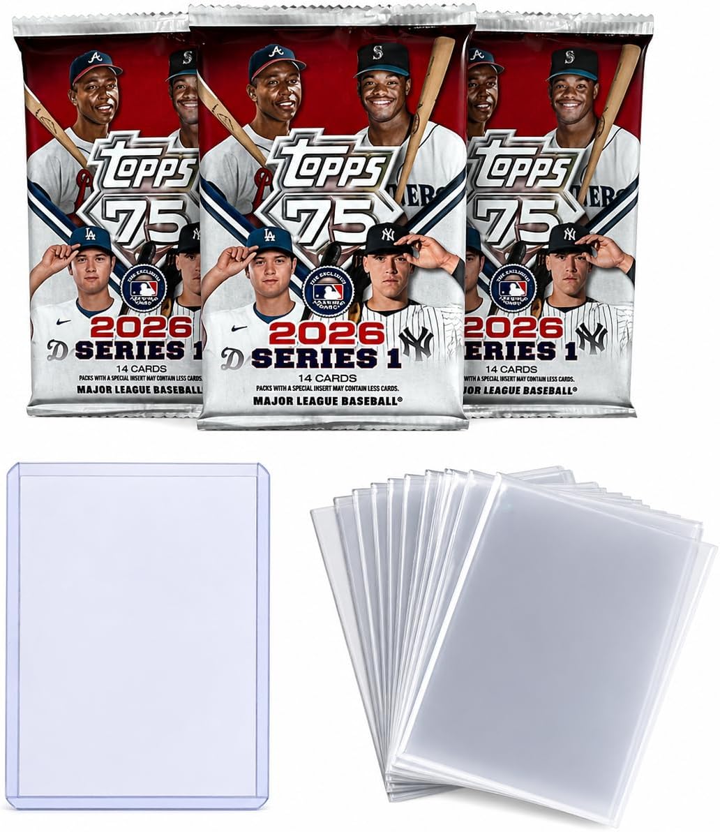 2026 Topps Series 1 Baseball Cards Value Pack – 3 Factory Sealed Packs (42 Cards Total) + 10 Penny Sleeves + 1 Top Loader – MLB Trading Card Bundle (Topps 75th Anniversary Design)