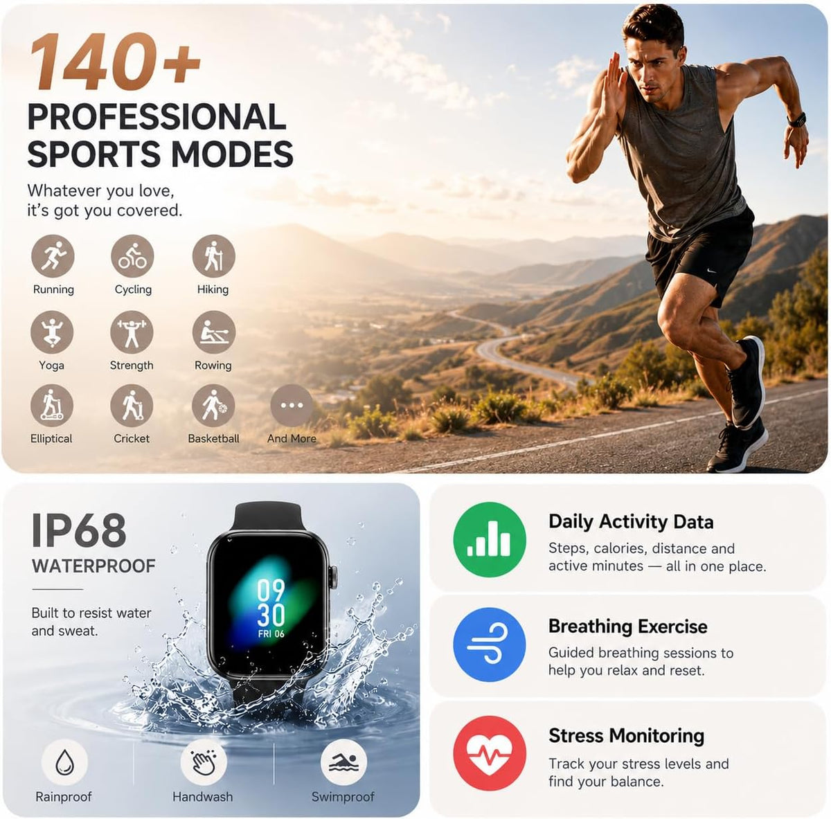 Smart Watch for Men Women Answer/Make Call, 1.85" Smartwatch, Fitness Watch with Heart Rate Blood Pressure Sleep Monitor,IP68 Waterproof Step Counter Watch Compatible Android IOS black