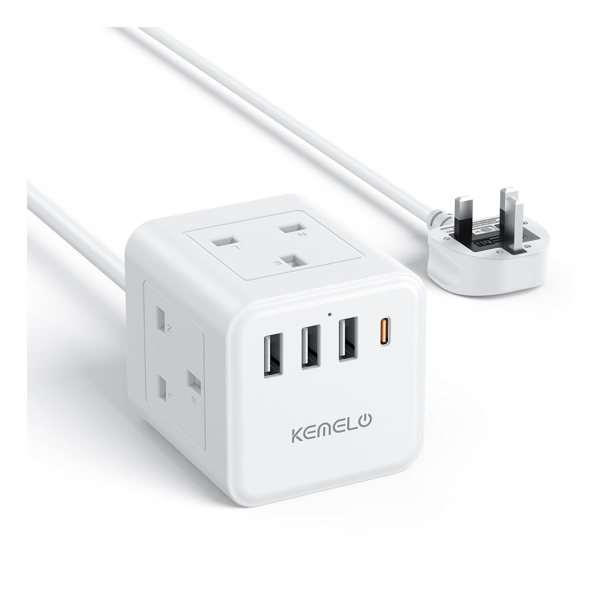 PD20W Cube Extension Lead with 4 USB Slots, Kemelo 4 Way (13A/3250W) Multi Plug Extension Cable with Child Safety UK Desktop Power Extension Socket,1.5M Extension Cords for Home Dorm Office