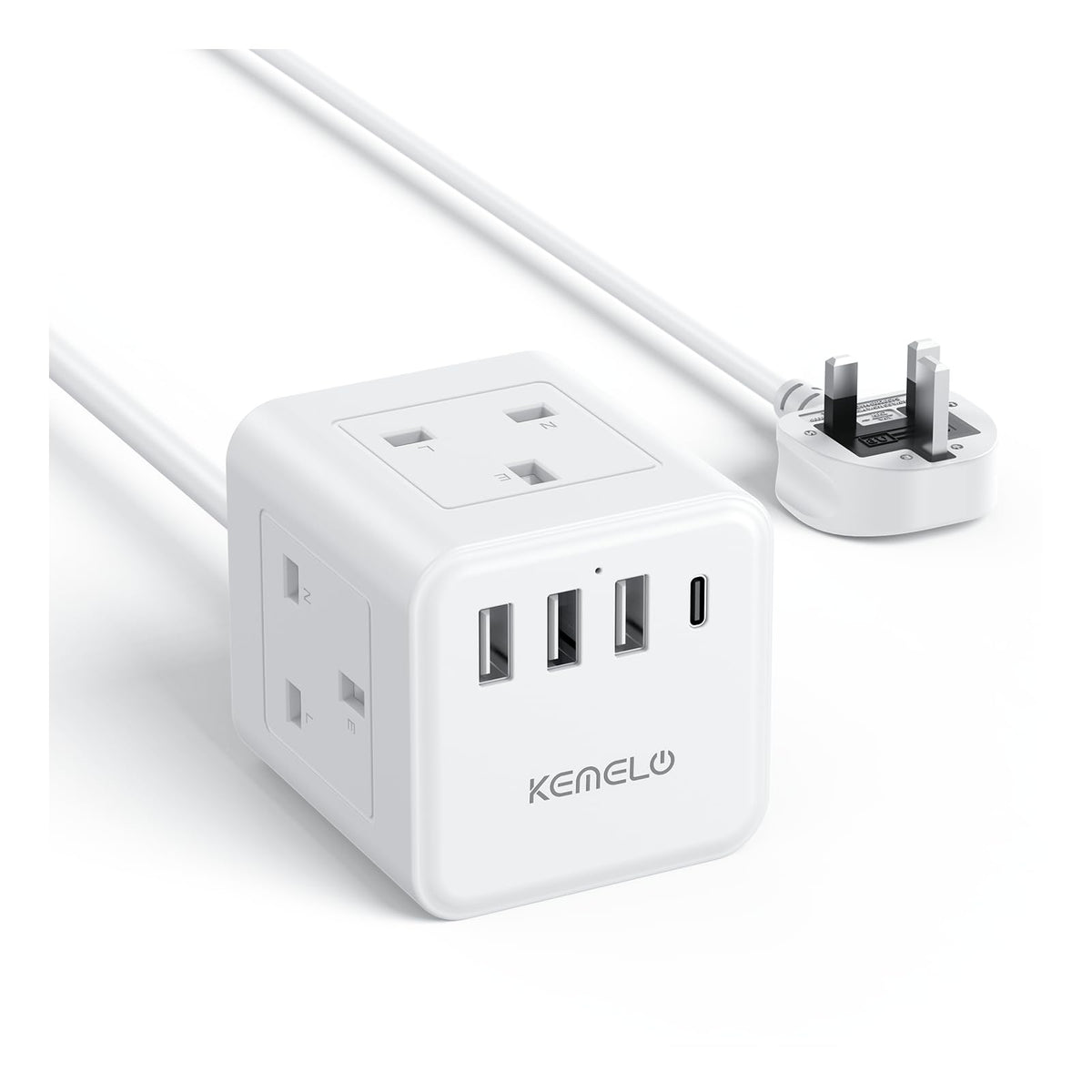 PD20W Cube Extension Lead with 4 USB Slots, Kemelo 4 Way (13A/3250W) Multi Plug Extension Cable with Child Safety UK Desktop Power Extension Socket,1.5M Extension Cords for Home Dorm Office