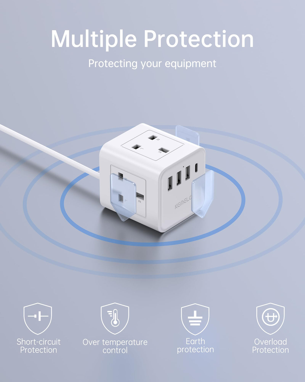 PD20W Cube Extension Lead with 4 USB Slots, Kemelo 4 Way (13A/3250W) Multi Plug Extension Cable with Child Safety UK Desktop Power Extension Socket,1.5M Extension Cords for Home Dorm Office