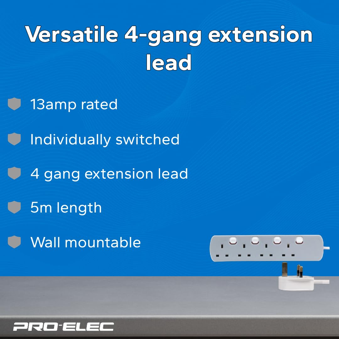 PRO ELEC PELB1768 4 Gang Individually Switched Extension Lead 10m, Grey, 4 Socket
