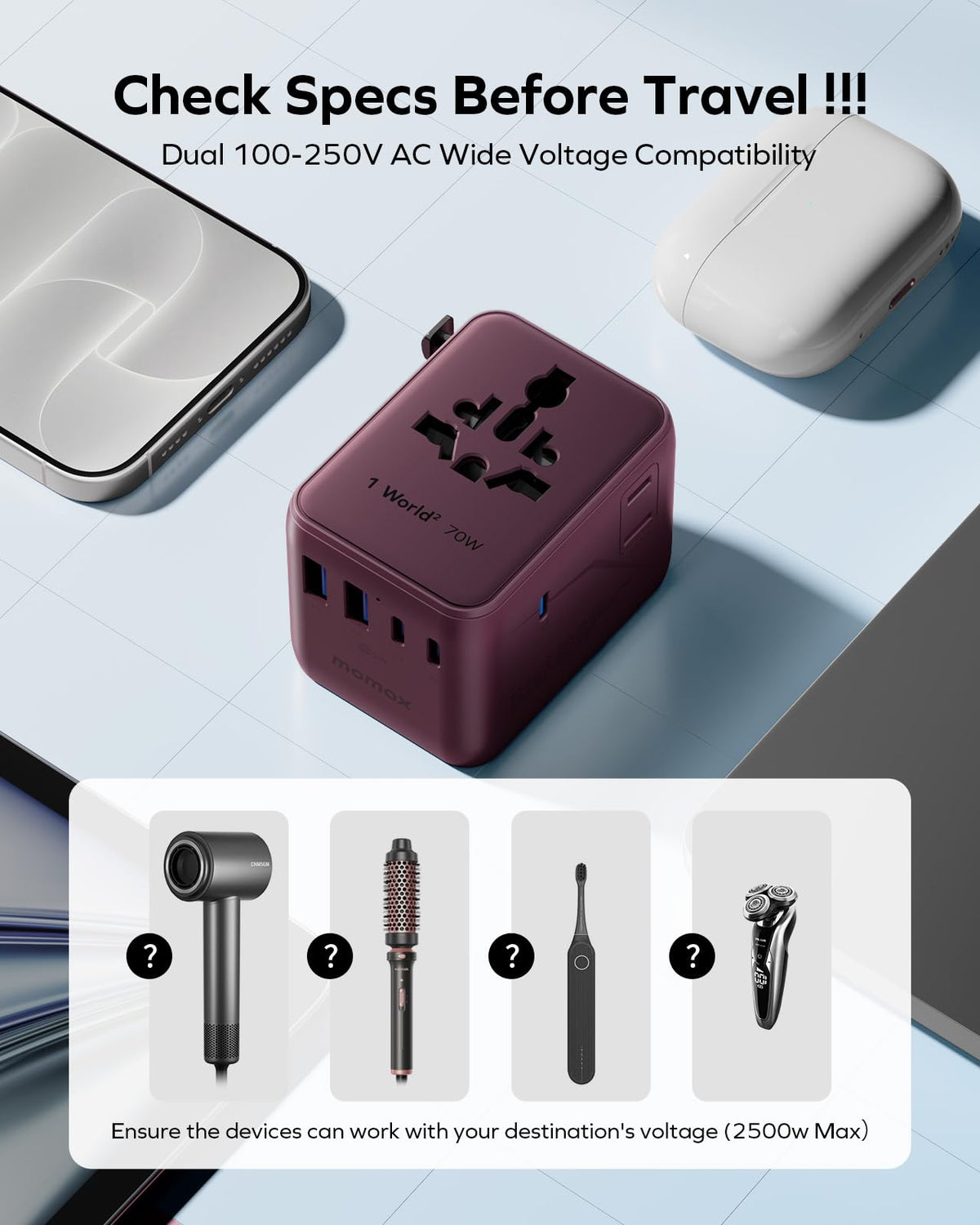 MOMAX Universal Travel Adapter 70W GaN, Travel Plug Adapter for UK/EU/AU/US