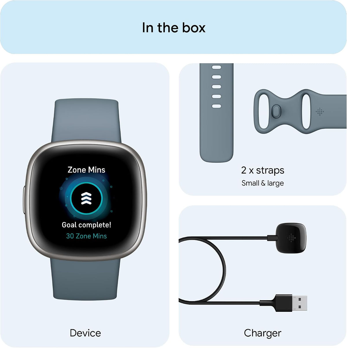 Google Fitbit Versa 4 Fitness Smartwatch with built-in GPS and up to 6 days battery life - compatible with iOS 15 or higher & Android OS 9.0 or higher, Waterfall Blue/Platinum