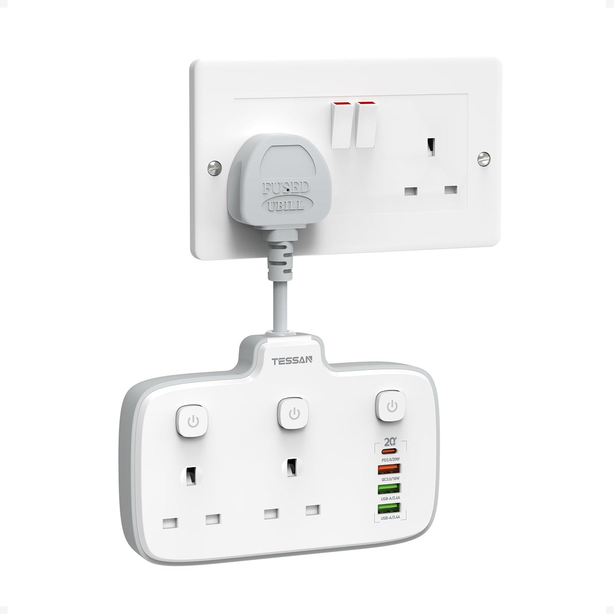 TESSAN USB Charger Plug Adapter UK (2 USB C), Double Plug Extension Socket