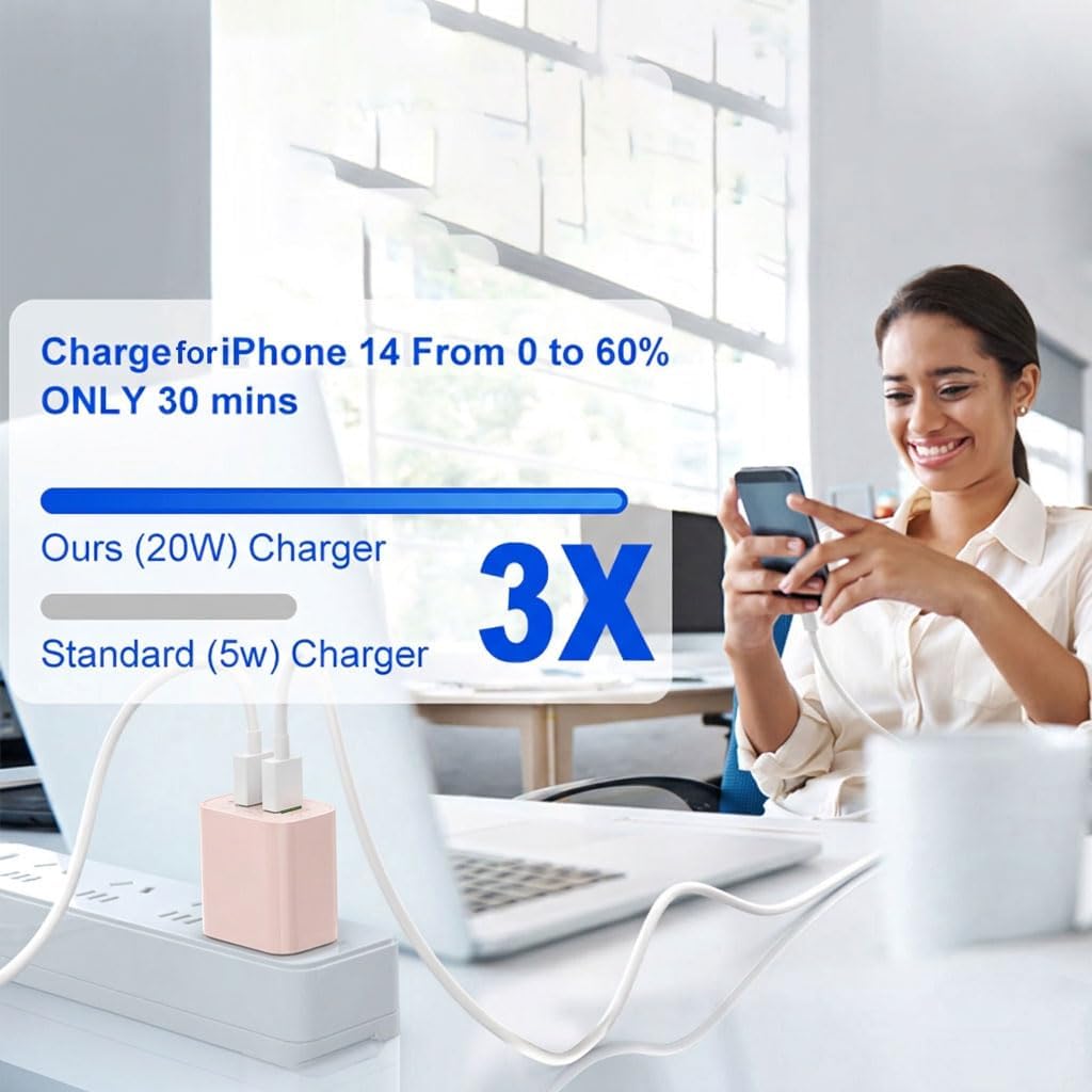 3 Pack USB C Charger Block,20W USB-C & USB-A Port Charger，for i Phone 17/16/15/14/13/12/11/X/8, i Pad and More