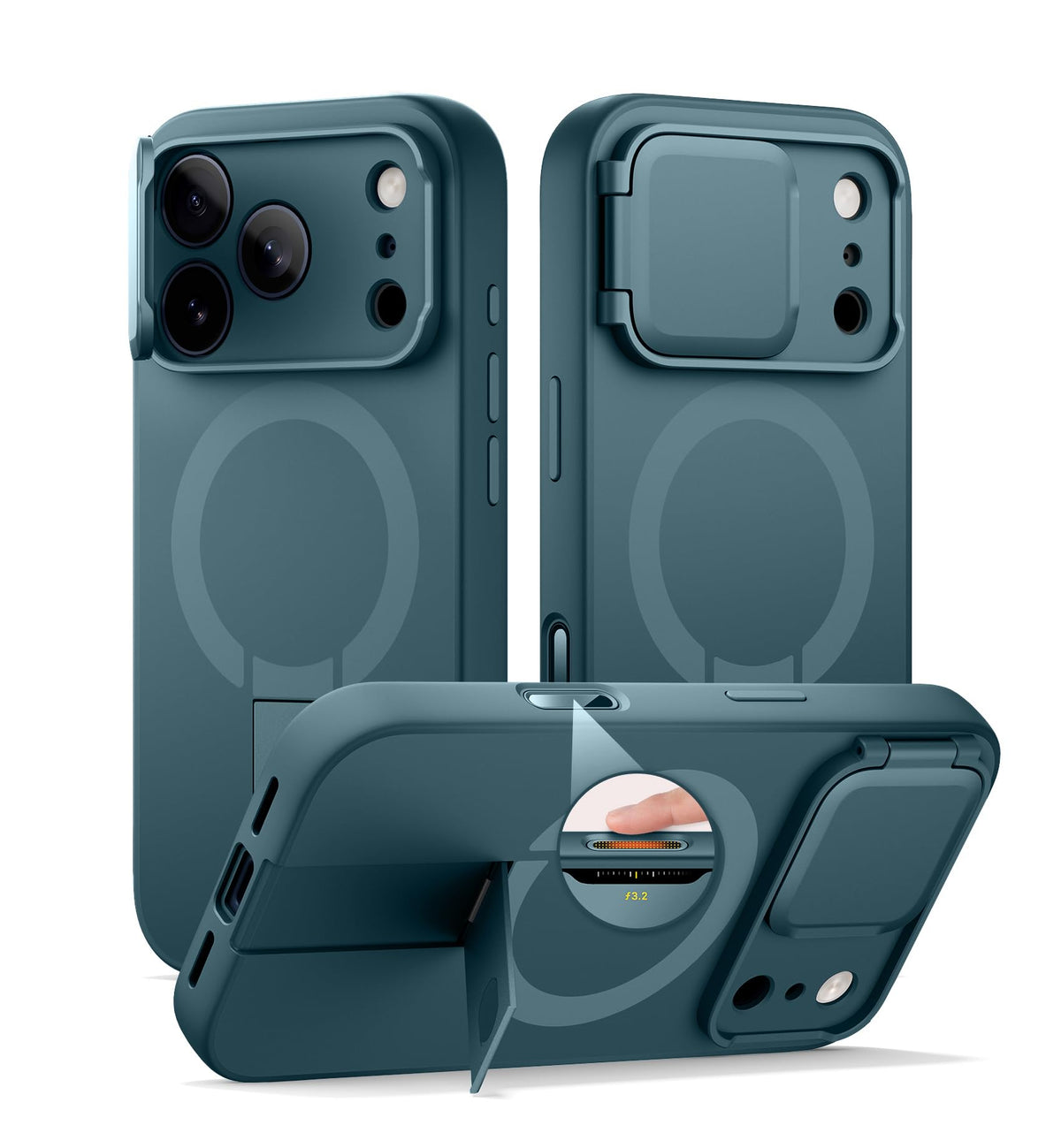 SURITCH for iPhone 16 Case with Magnetic Camera Slide Cover and Adjustable Kickstand, Compatible with MagSafe, Shockproof Bumper Case Slim Protective Cover 6.1 Inch, Lake Green