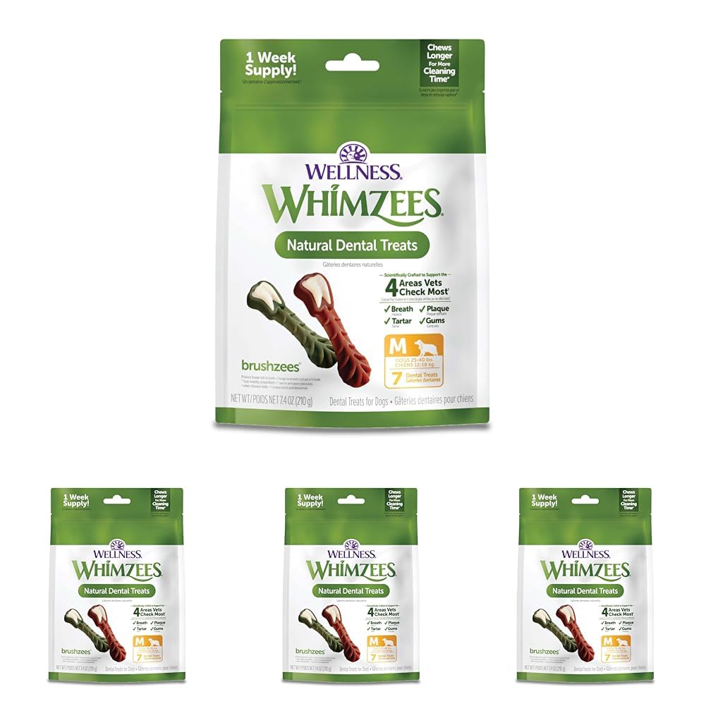 Whimzees Wellness Brushzees Natural Dog Dental Treat, VOHC Accepted Chews, Freshens Breath, Extra-Small Size, 12.7 oz Bag, 48 Count