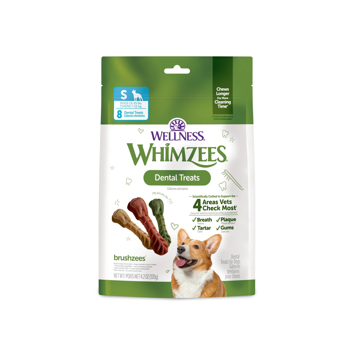 Whimzees Wellness Brushzees Natural Dog Dental Treat, VOHC Accepted Chews, Freshens Breath, Extra-Small Size, 12.7 oz Bag, 48 Count