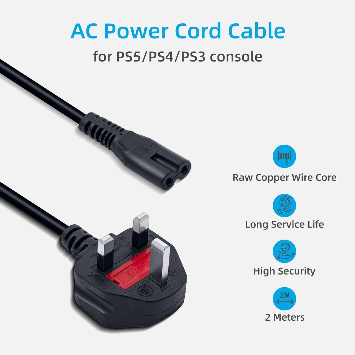 Mcbazel Power Cable for PS5/PS4/PS3, UK Figure-8 Replacement Lead, 1.8 m
