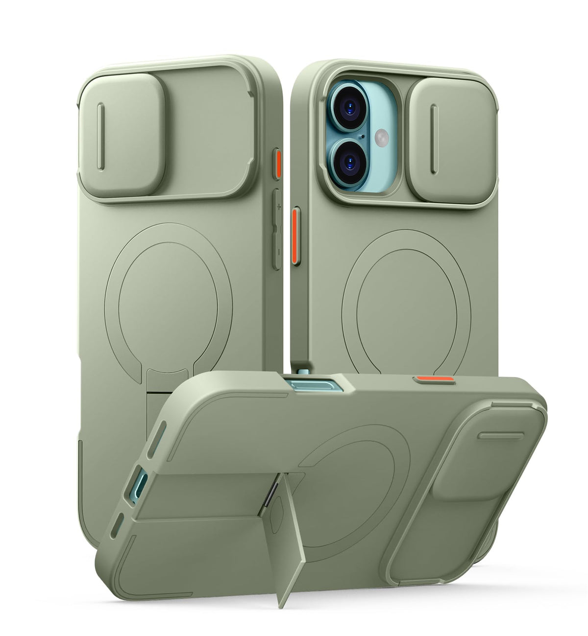 SURITCH for iPhone 16 Case with Magnetic Camera Slide Cover and Adjustable Kickstand, Compatible with MagSafe, Shockproof Bumper Case Slim Protective Cover 6.1 Inch, Lake Green