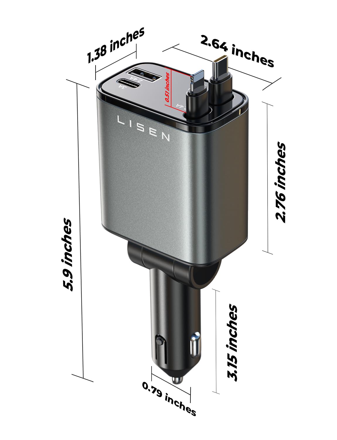LISEN Retractable Car Charger, 84W Car Adapter USB C Fast Charger, 2 Pack