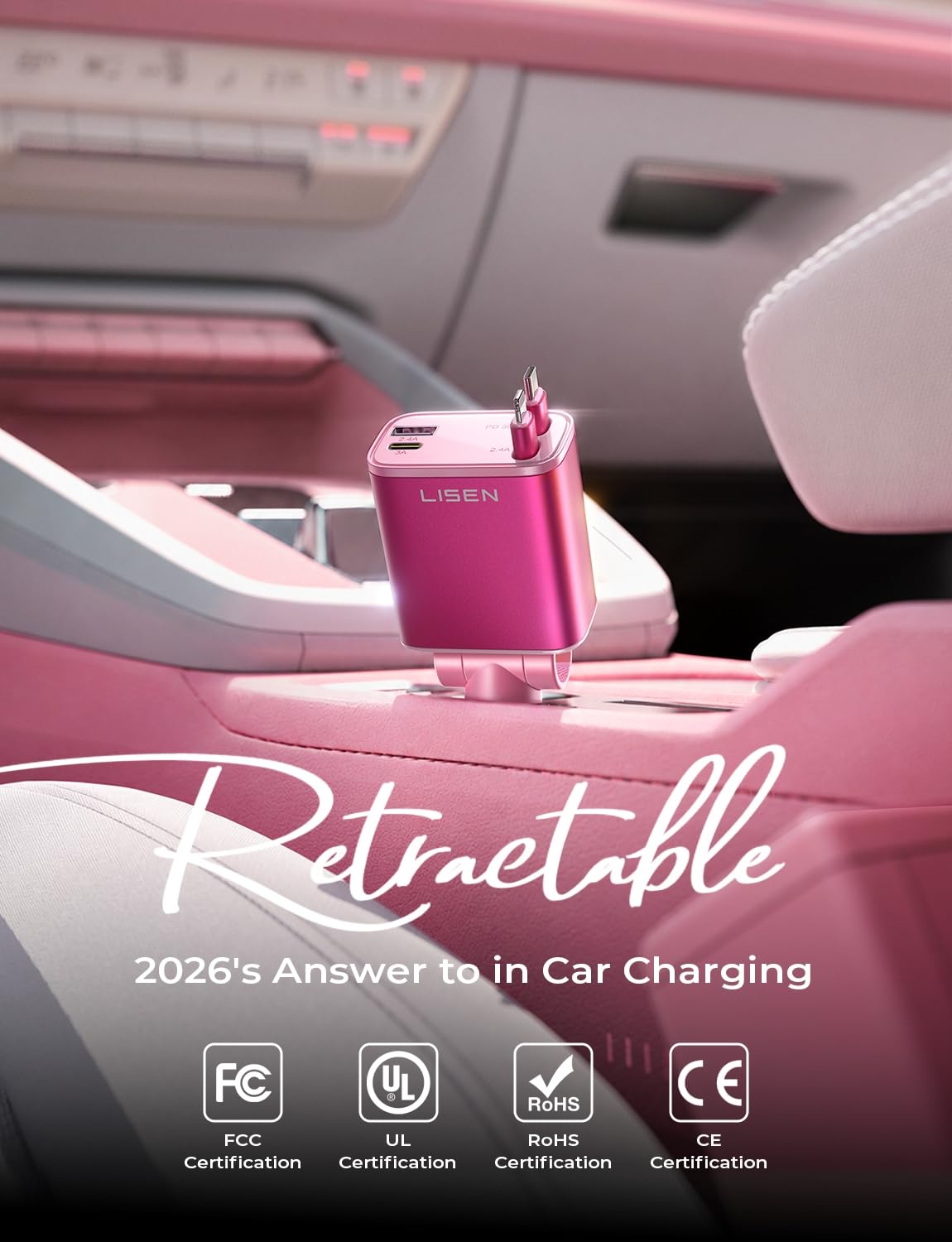 LISEN Retractable Car Charger, 84W Car Adapter USB C Fast Charger, 2 Pack