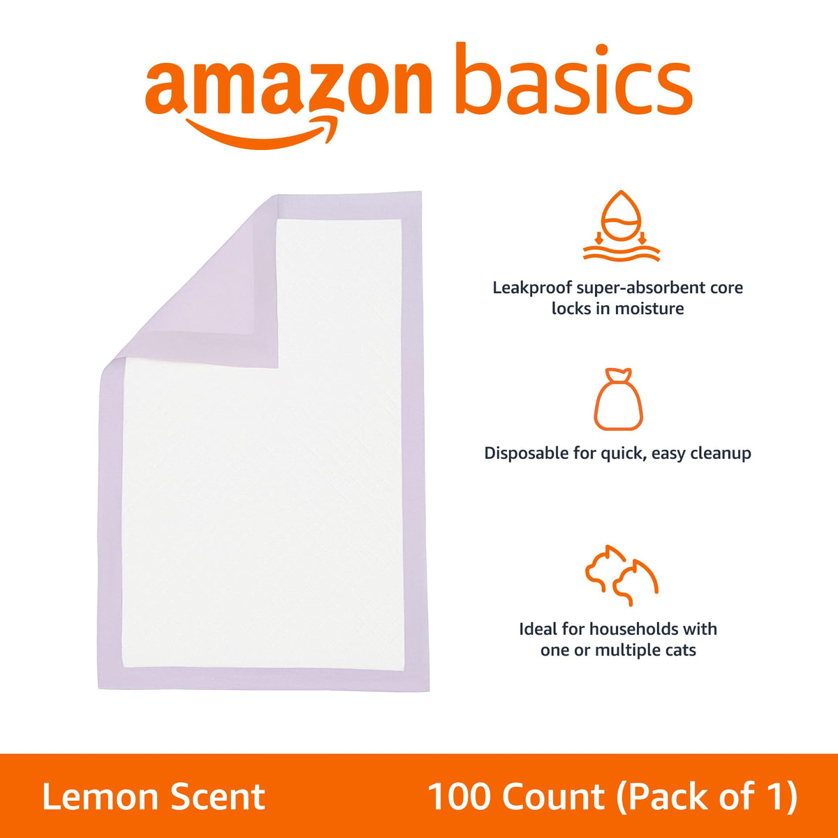 Amazon Basics Cat Litter Pee Pads, Odor Control with Fresh Scent, Super Absorbent, Disposable, Universal Fit Litter Box, Purple and White, 40 Count