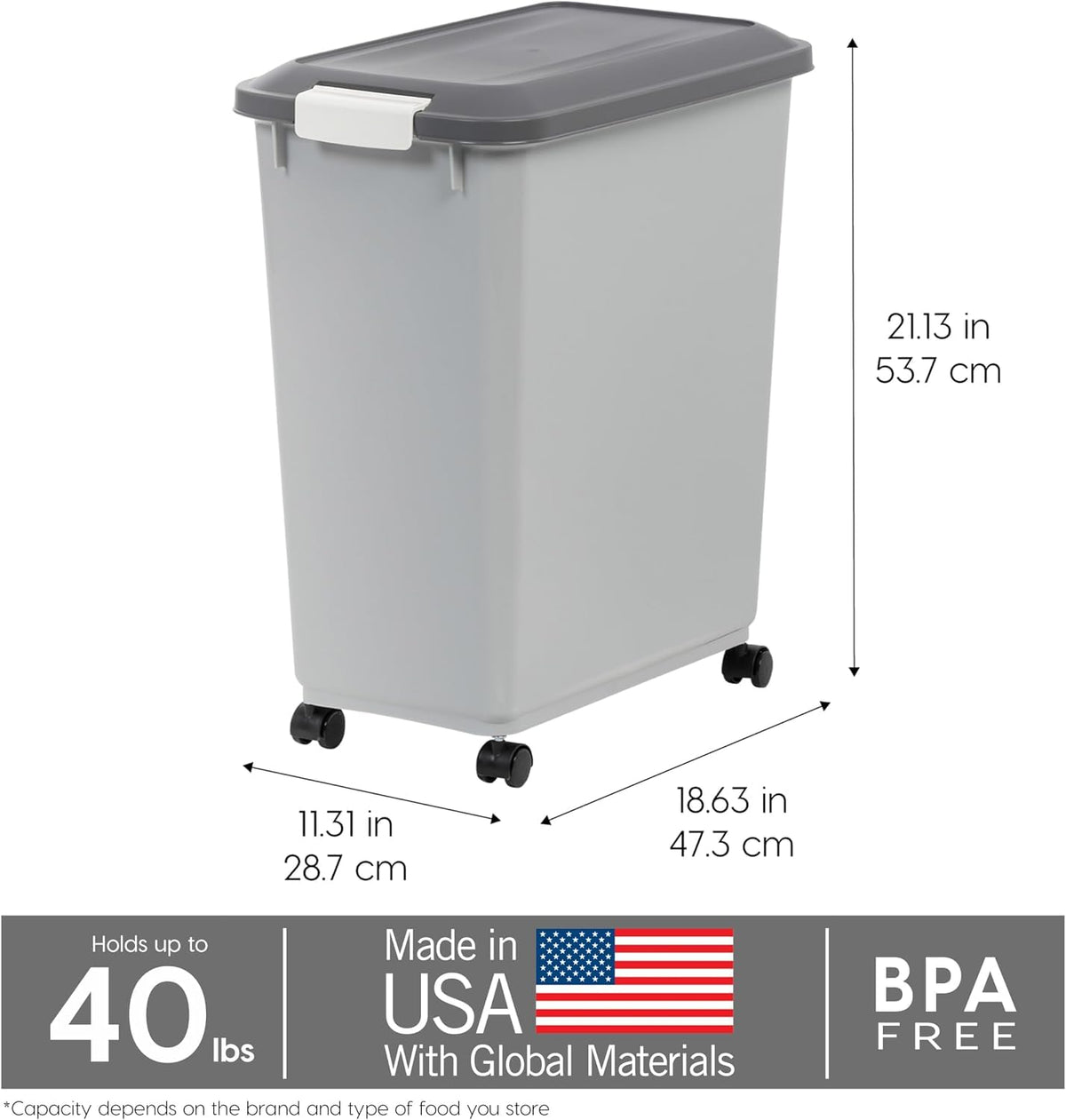 IRIS USA Dog Food Storage Container, Airtight, 30 lb Capacity, Wheels
