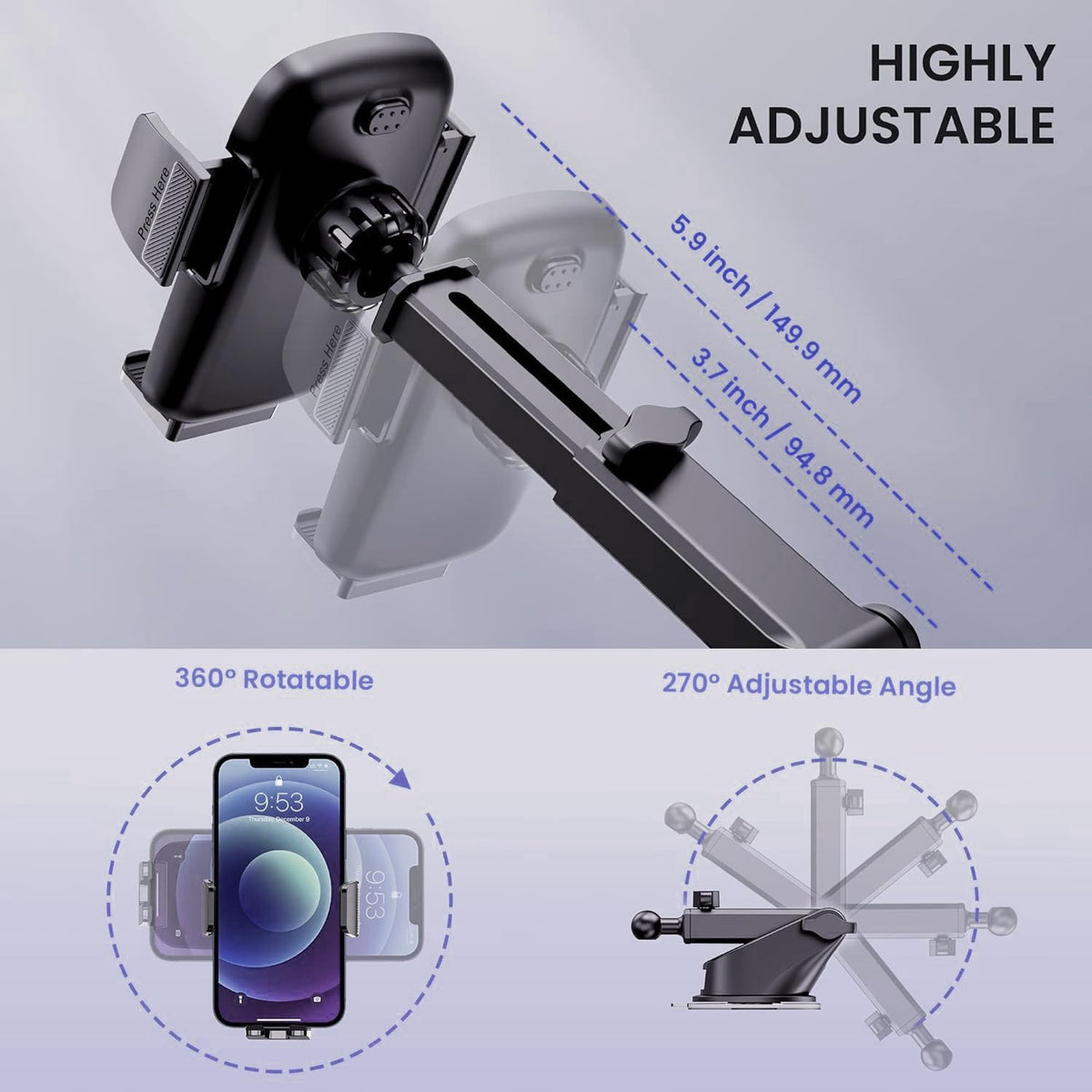 Qifutan Car Phone Holder Mount Phone Mount for Car Windshield/Dashboard/Air Vent Holder for iPhone & Android Smartphone, 360° Adjustable, Cell Phone Camera Mounts