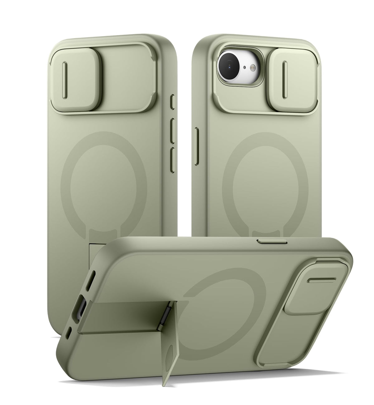 SURITCH for iPhone 16 Case with Magnetic Camera Slide Cover and Adjustable Kickstand, Compatible with MagSafe, Shockproof Bumper Case Slim Protective Cover 6.1 Inch, Lake Green
