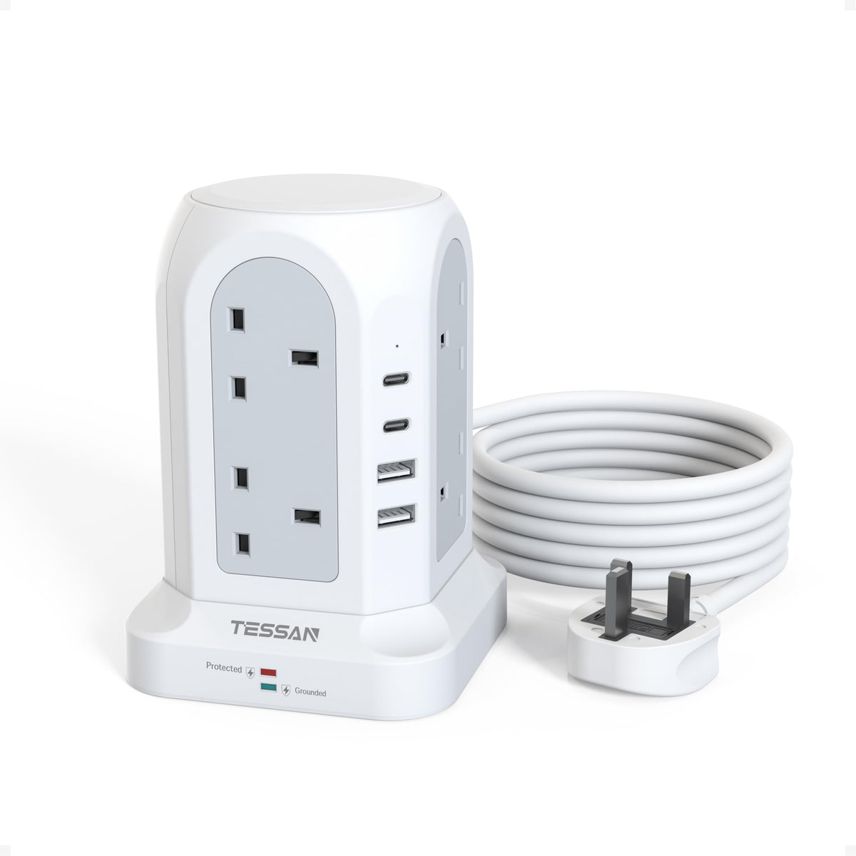 TESSAN 8 Way Black Tower Extension Lead 2M with 4 USB Slots (2 USB C)