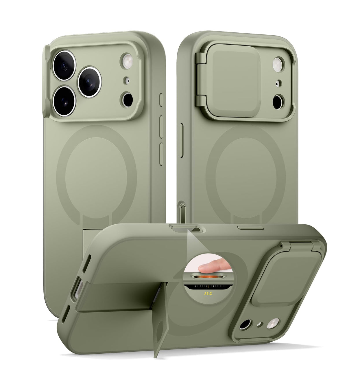 SURITCH for iPhone 16 Case with Magnetic Camera Slide Cover and Adjustable Kickstand, Compatible with MagSafe, Shockproof Bumper Case Slim Protective Cover 6.1 Inch, Lake Green