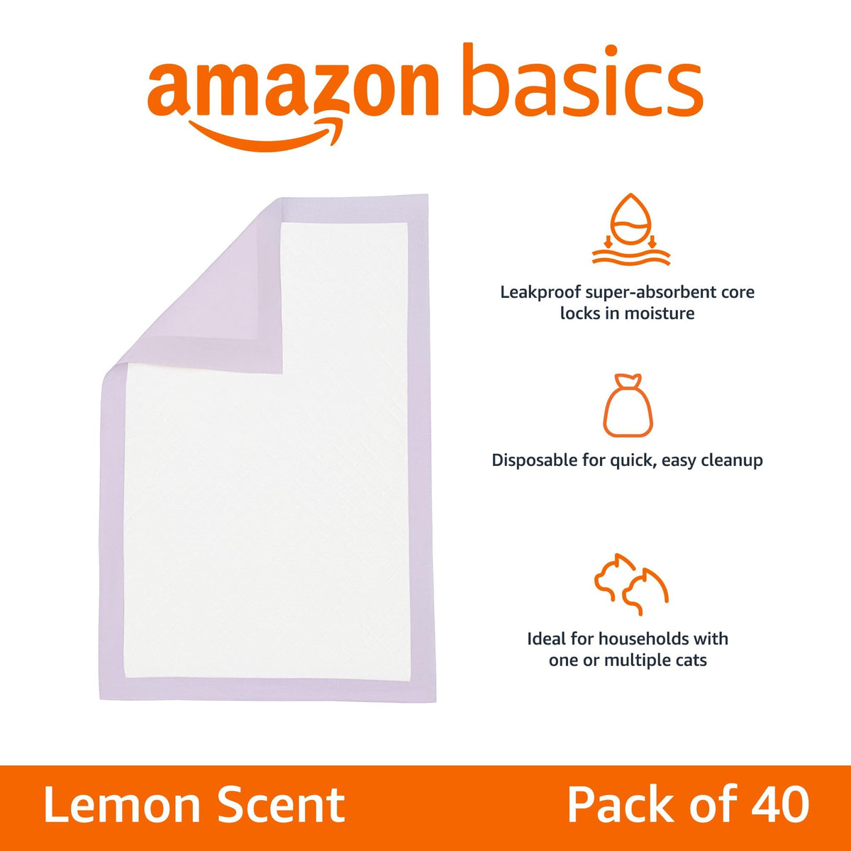 Amazon Basics Cat Litter Pee Pads, Odor Control with Fresh Scent, Super Absorbent, Disposable, Universal Fit Litter Box, Purple and White, 40 Count