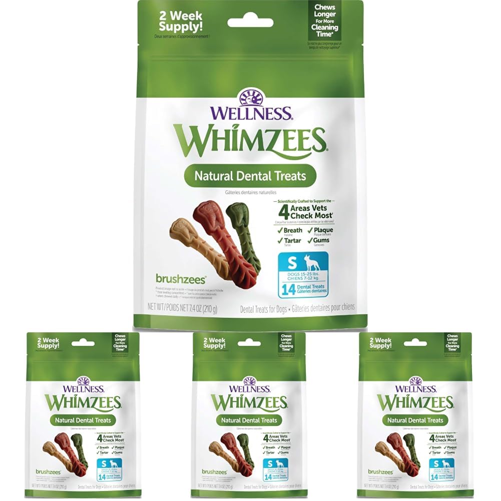 Whimzees Wellness Brushzees Natural Dog Dental Treat, VOHC Accepted Chews, Freshens Breath, Extra-Small Size, 12.7 oz Bag, 48 Count