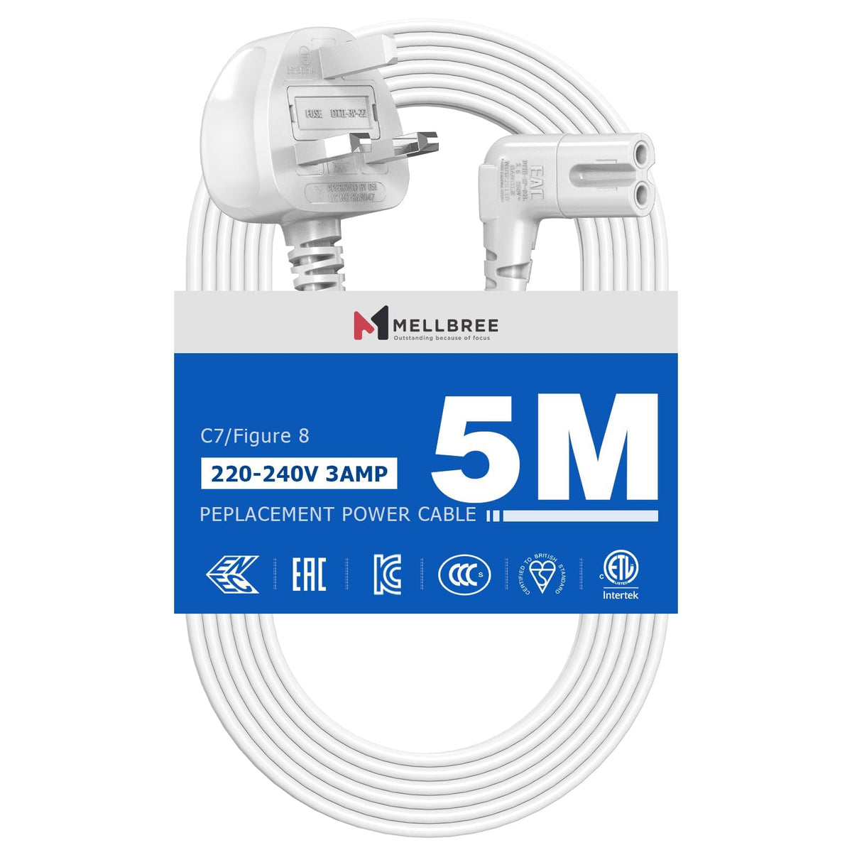 Power Cable Compatible with Samsumg TV 3M, Mellbree Quality Safe Right Angle Suitable for Awkward Space Figure 8 Power Cable Compatible with Samsung, LG, Panasonic TV Black