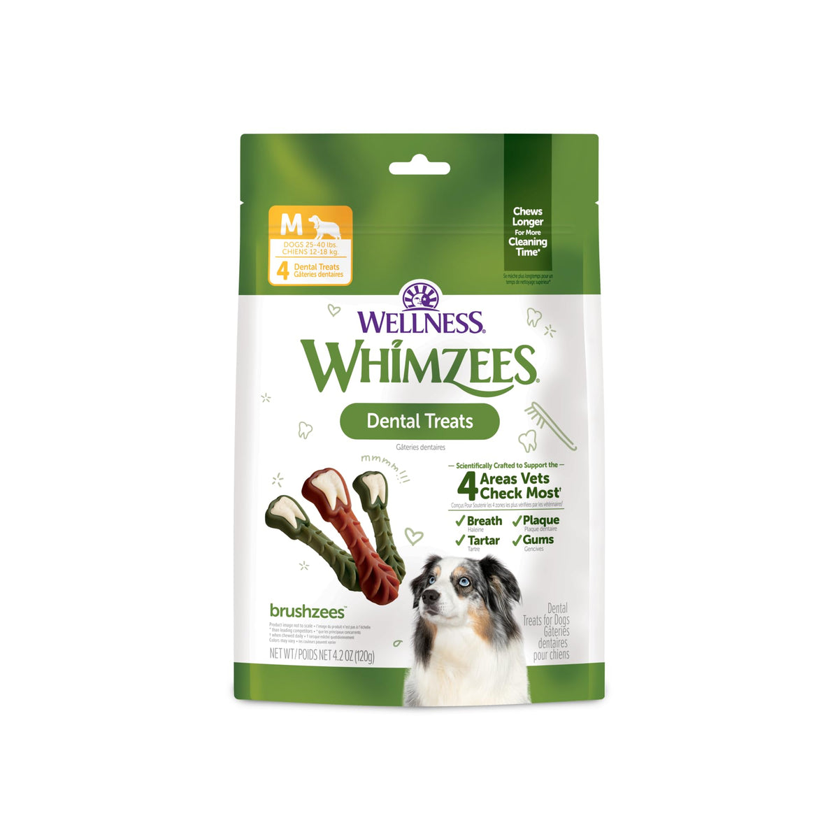 Whimzees Wellness Brushzees Natural Dog Dental Treat, VOHC Accepted Chews, Freshens Breath, Extra-Small Size, 12.7 oz Bag, 48 Count
