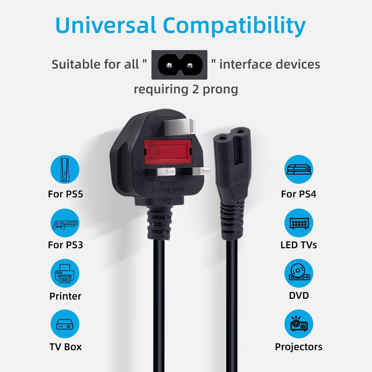 Mcbazel Power Cable for PS5/PS4/PS3, UK Figure-8 Replacement Lead, 1.8 m
