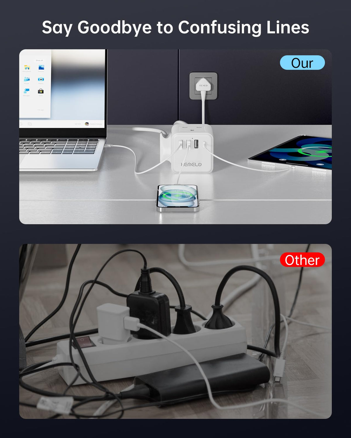 PD20W Cube Extension Lead with 4 USB Slots, Kemelo 4 Way (13A/3250W) Multi Plug Extension Cable with Child Safety UK Desktop Power Extension Socket,1.5M Extension Cords for Home Dorm Office