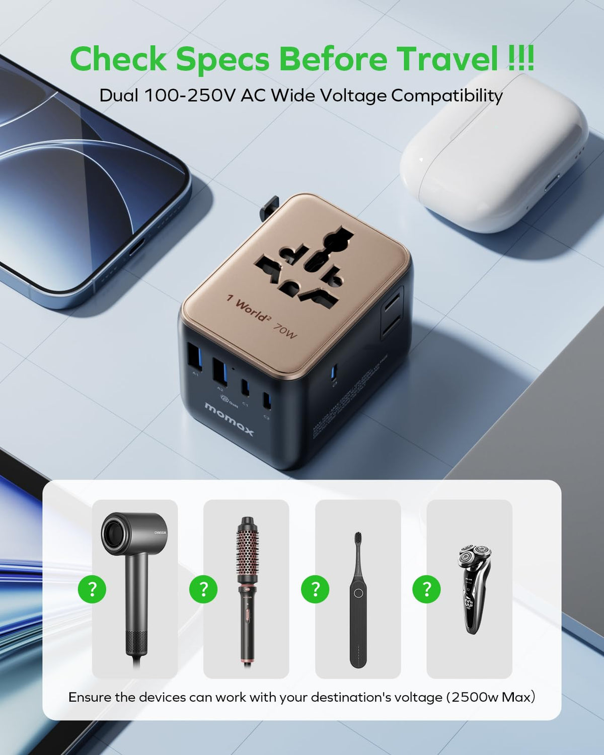 MOMAX Universal Travel Adapter 70W GaN, Travel Plug Adapter for UK/EU/AU/US