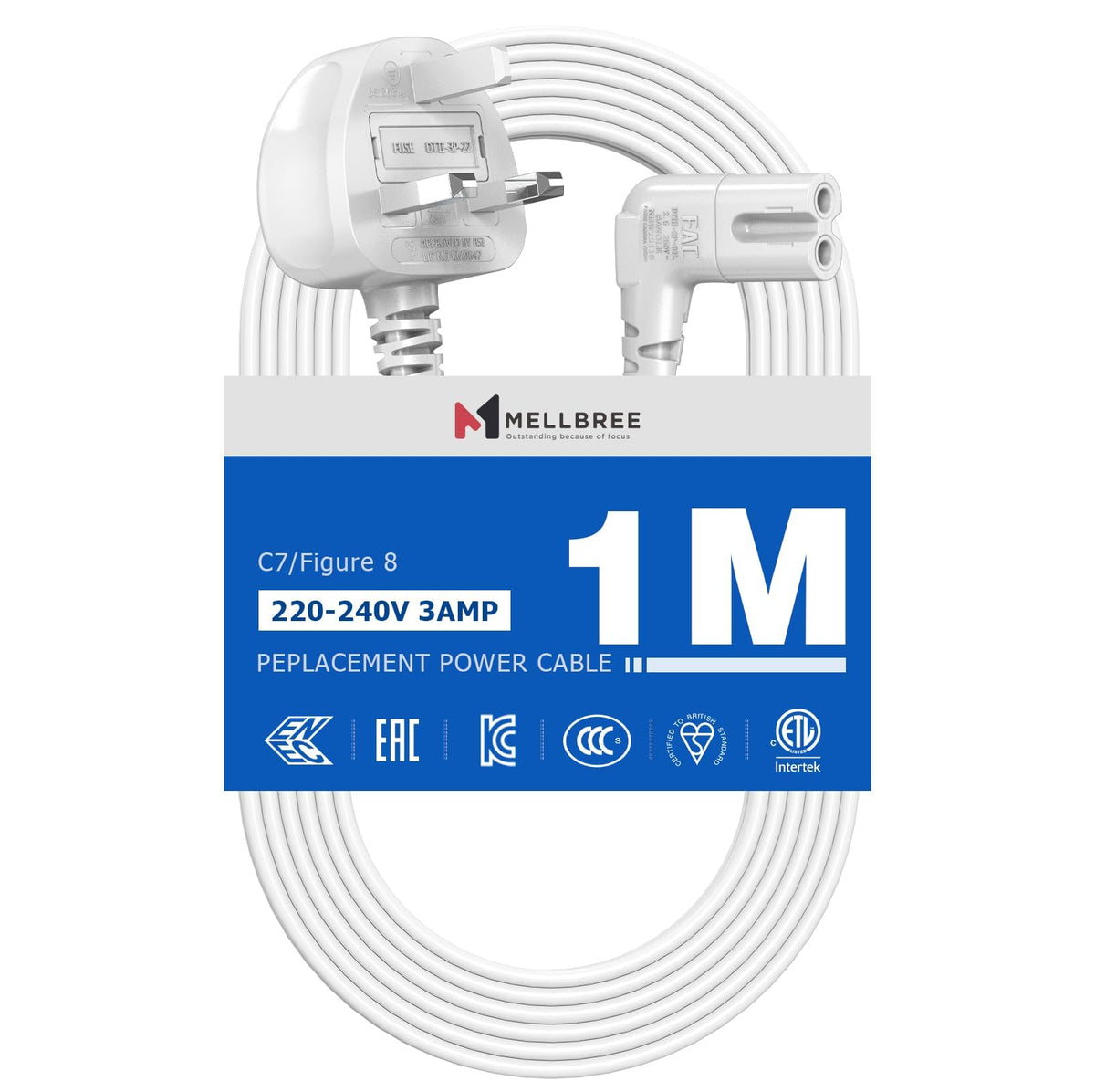 Power Cable Compatible with Samsumg TV 3M, Mellbree Quality Safe Right Angle Suitable for Awkward Space Figure 8 Power Cable Compatible with Samsung, LG, Panasonic TV Black