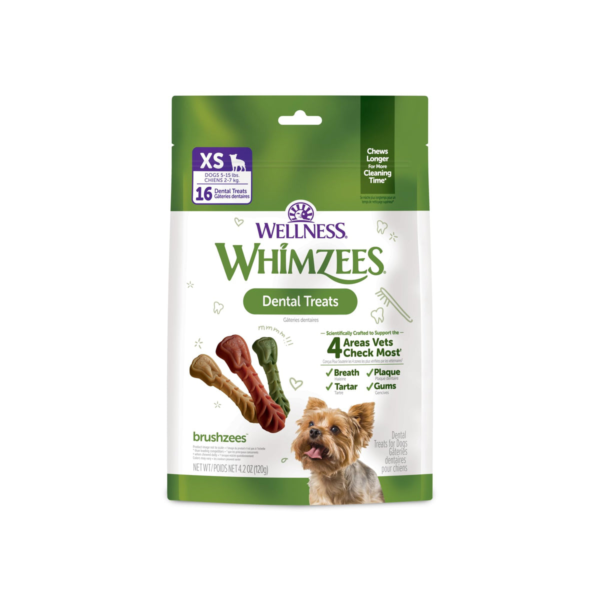 Whimzees Wellness Brushzees Natural Dog Dental Treat, VOHC Accepted Chews, Freshens Breath, Extra-Small Size, 12.7 oz Bag, 48 Count