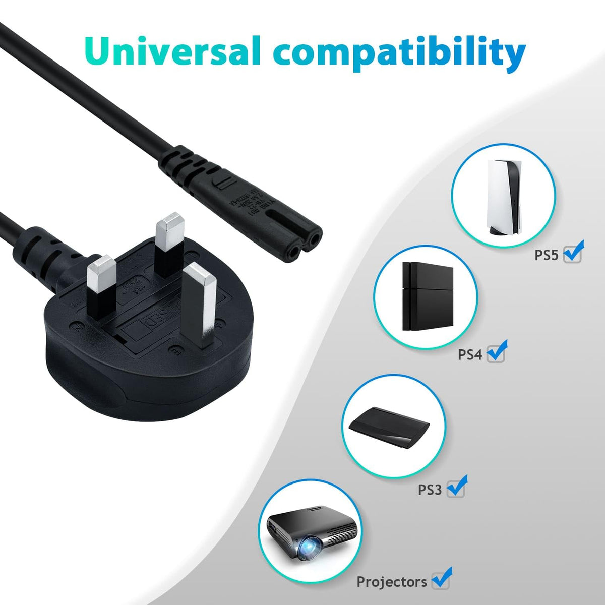 Mcbazel Power Cable for PS5/PS4/PS3, UK Figure-8 Replacement Lead, 1.8 m