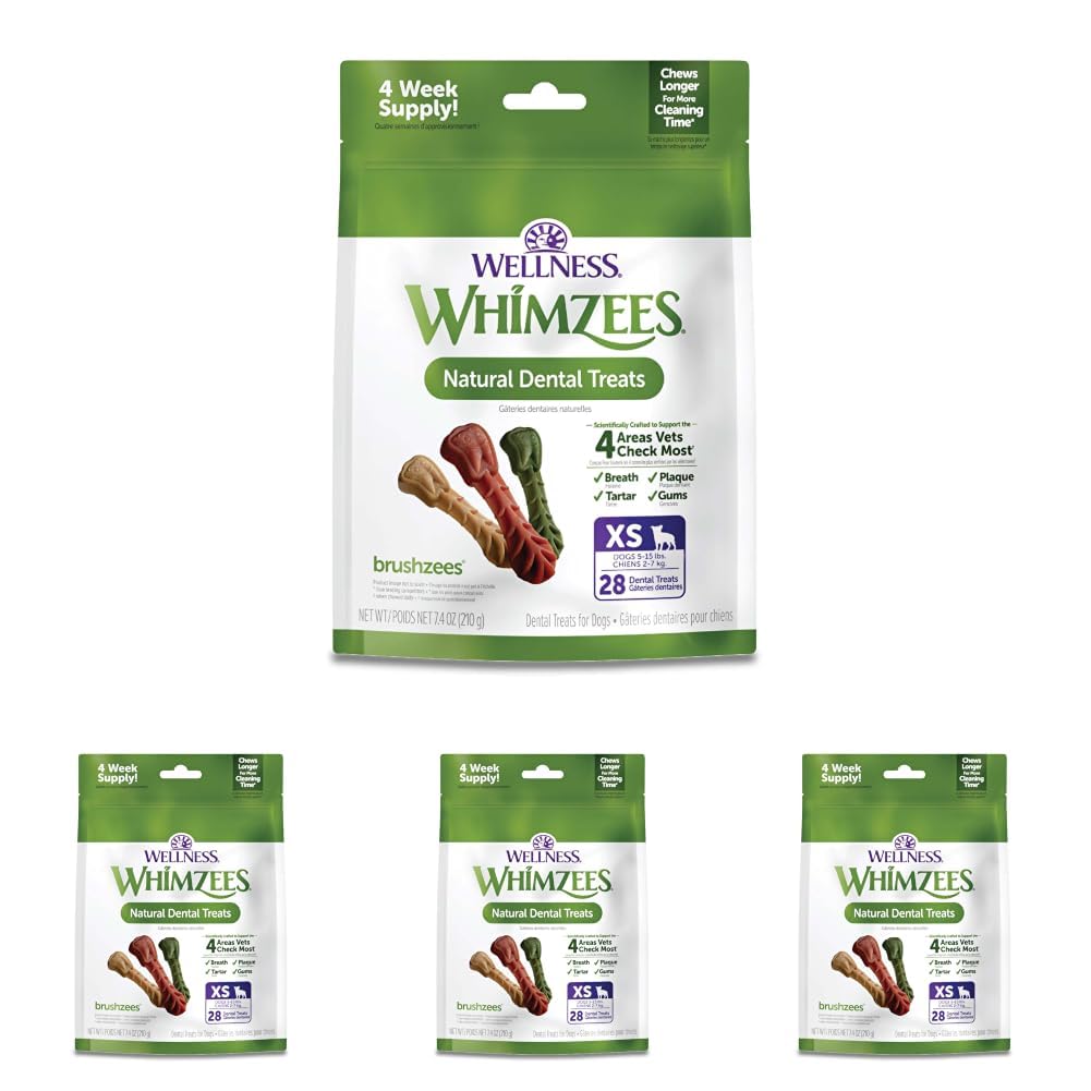 Whimzees Wellness Brushzees Natural Dog Dental Treat, VOHC Accepted Chews, Freshens Breath, Extra-Small Size, 12.7 oz Bag, 48 Count