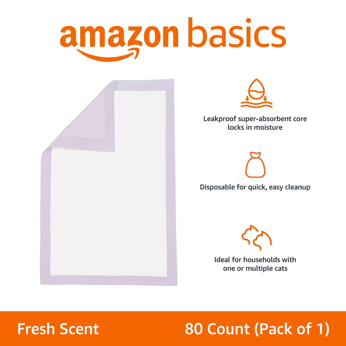 Amazon Basics Cat Litter Pee Pads, Odor Control with Fresh Scent, Super Absorbent, Disposable, Universal Fit Litter Box, Purple and White, 40 Count