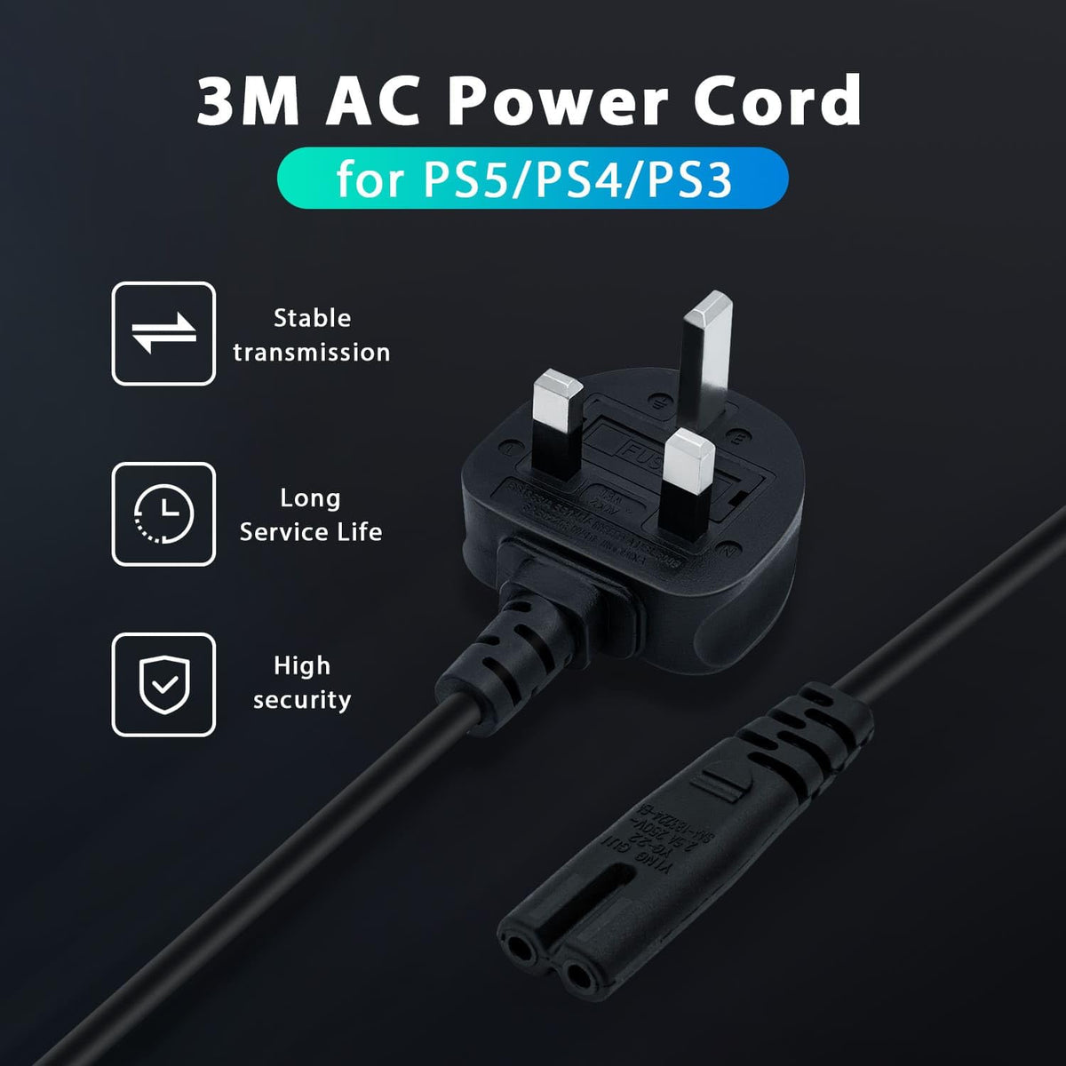 Mcbazel Power Cable for PS5/PS4/PS3, UK Figure-8 Replacement Lead, 1.8 m