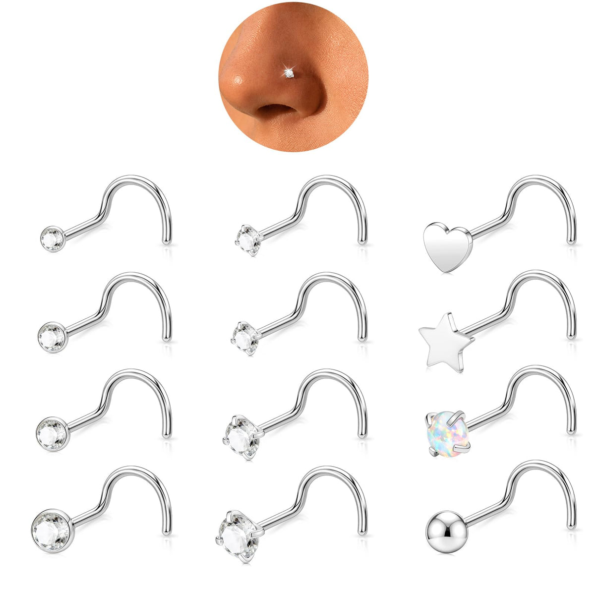 12 Pcs 20G Silver Nose Rings Studs Corkscrew Piercing Jewelry for Women Men