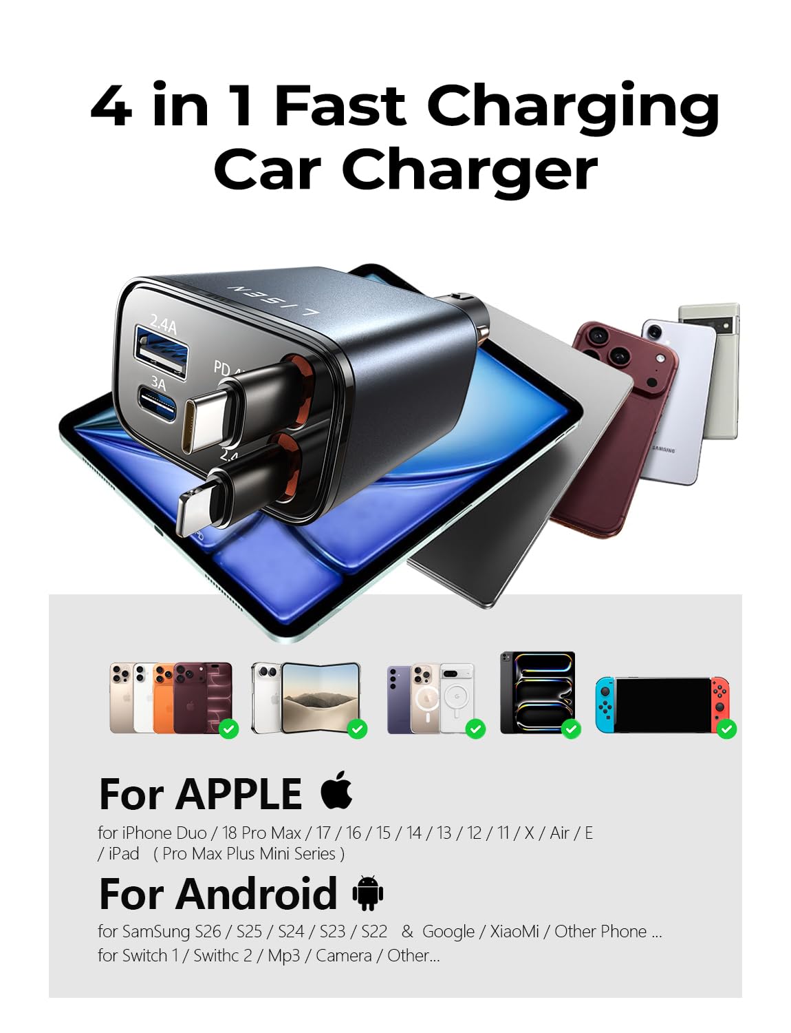 LISEN Retractable Car Charger, 84W Car Adapter USB C Fast Charger, 2 Pack