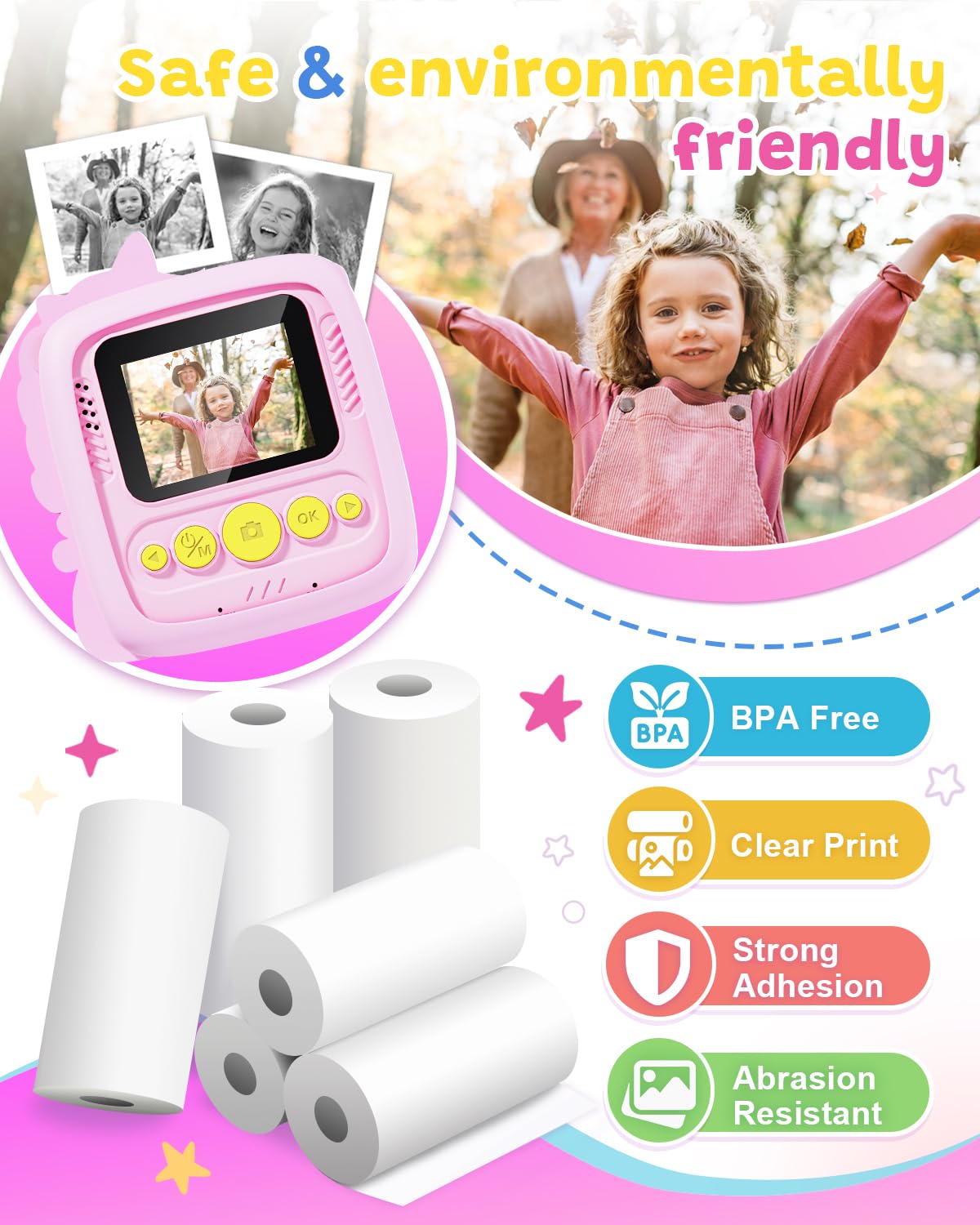 Kids Camera Instant Print,1080P Kids Digital Camera,Girls Gifts Toys Age 3+