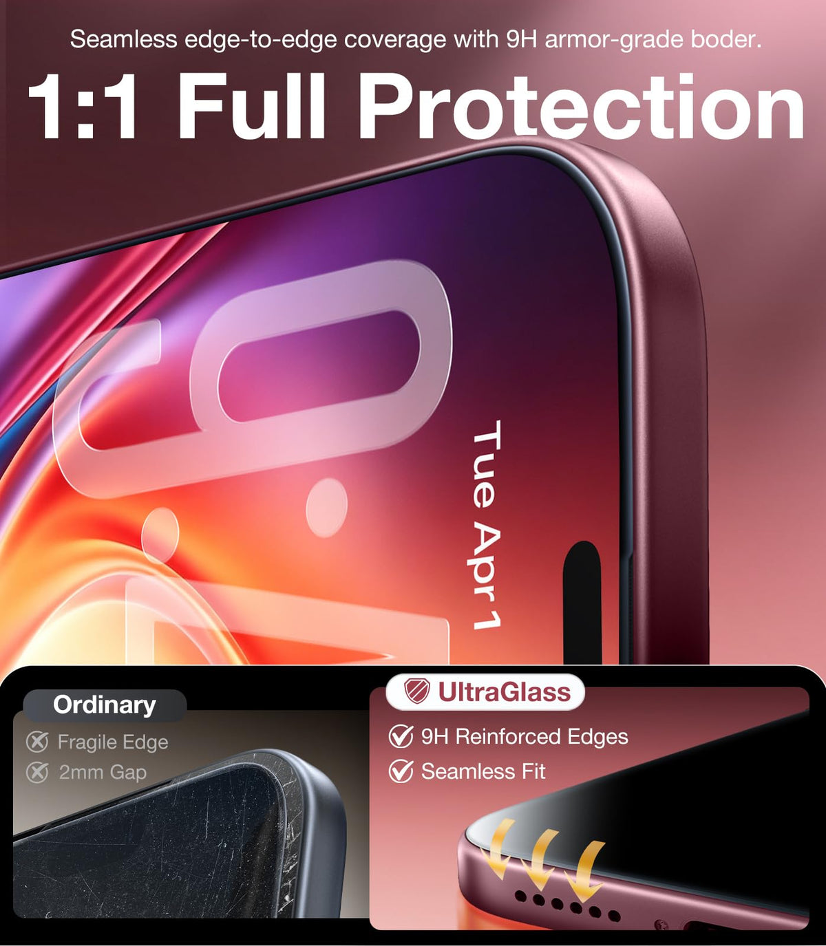 UltraGlass Crystal Armor for iPhone 16 Pro Screen Protector (No Black Bezels) 9H+ Military-Grade Shatterproof Screen Protector 16 Pro Tempered Glass, One Step Easy Installation, 1 Piece