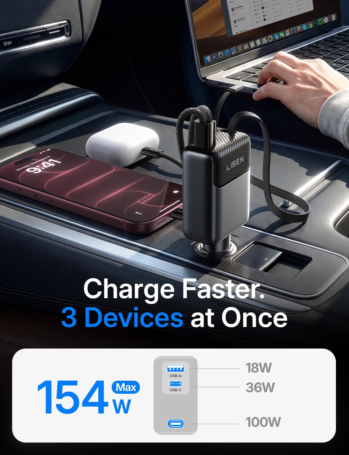 LISEN Retractable Car Charger, 84W Car Adapter USB C Fast Charger, 2 Pack