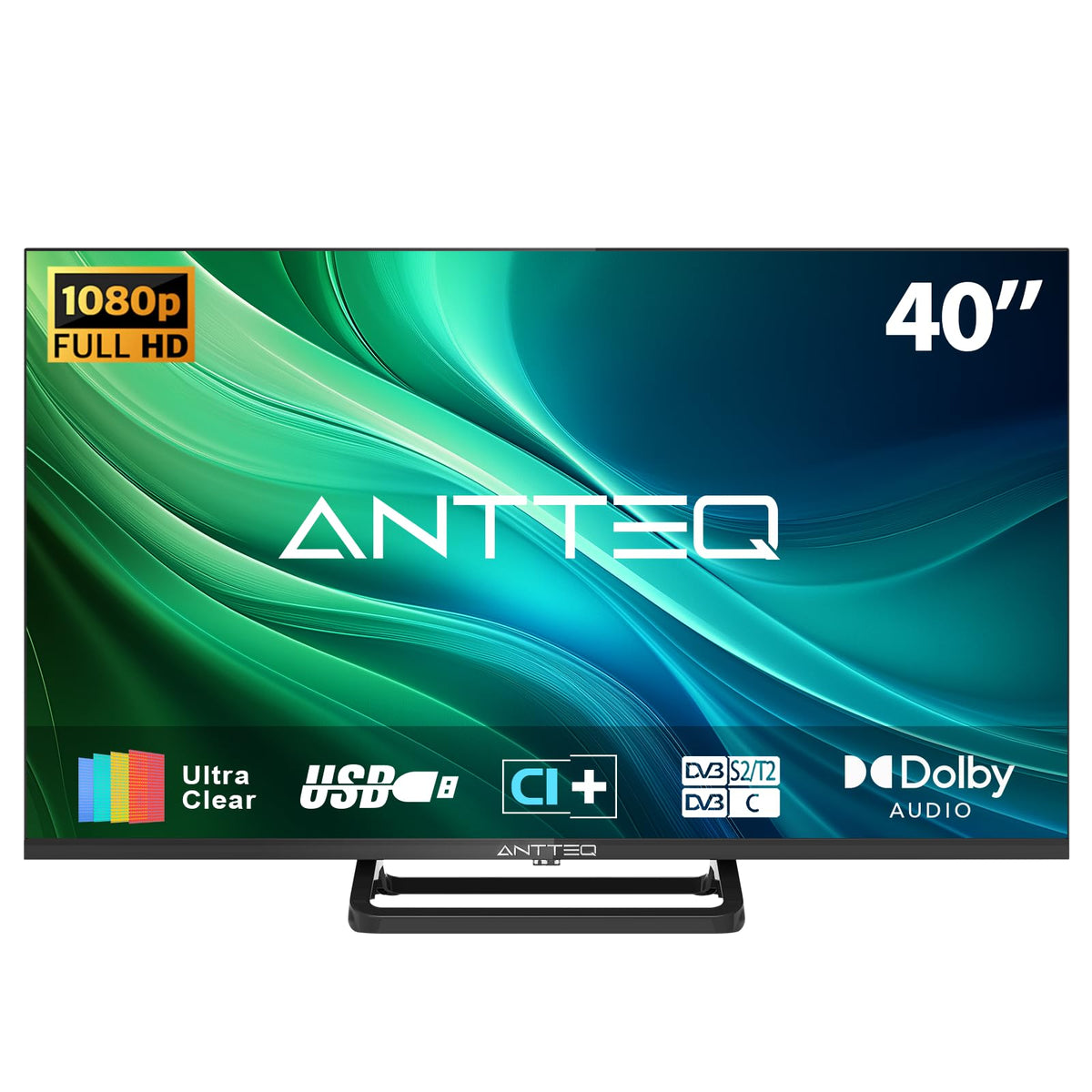 Antteq 32 Inch TV, Central Stand Design TV 720P Freeview HD Dolby Audio DVB T2/S2 LED Television, HDMI USB Media Player Monitor PS5 Xbox, Standard Nonsmart TV Small Screen for Bedroom Kitchen Black