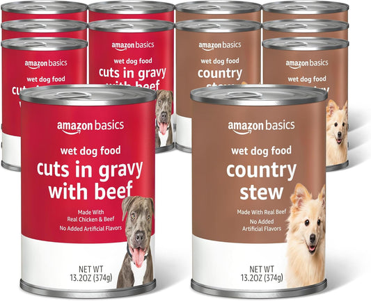 Amazon Basics Wet Dog Food Variety Pack, Country Stew Flavor and Cuts in Gravy with Beef, Made with Natural Ingredients, 13.2oz Cans (Pack of 12)