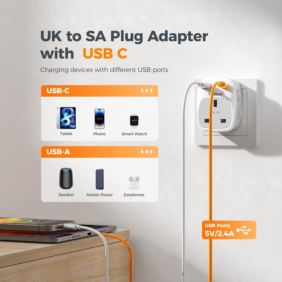 TESSAN UK to South Africa Plug Adapter, Type M Travel Adapter with USB C