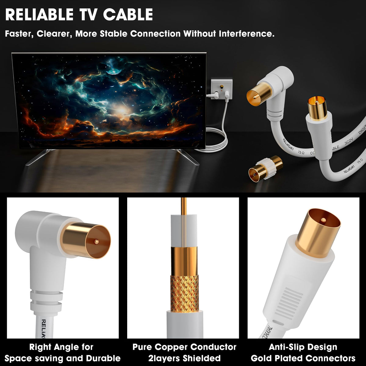 TV Aerial Cable 0.5m, 75 Ohm Coaxial Lead, IEC 9.5mm Male to Male 3C2V Pure Copper Dual Shielded, Right-Angle Connector, Female to Female Adaptor Included, Black
