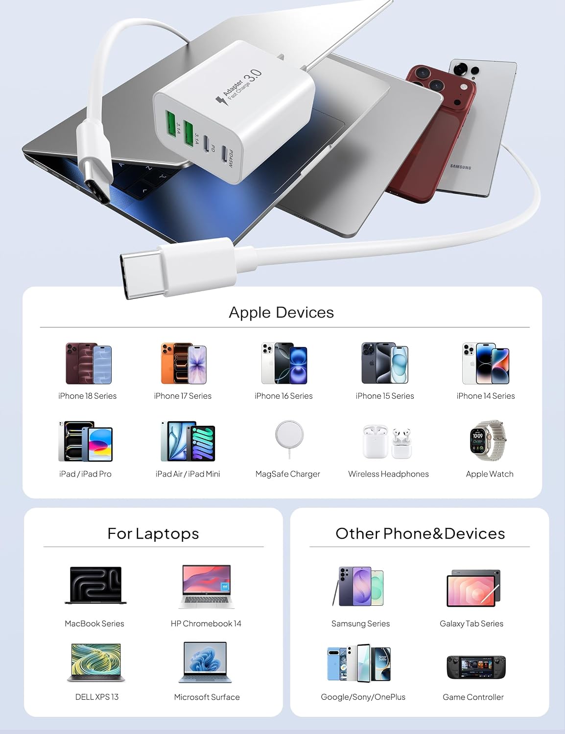 3 Pieces USB C Wall Charger for iPhone 14/15/16/17 Pro Max Plus Cube