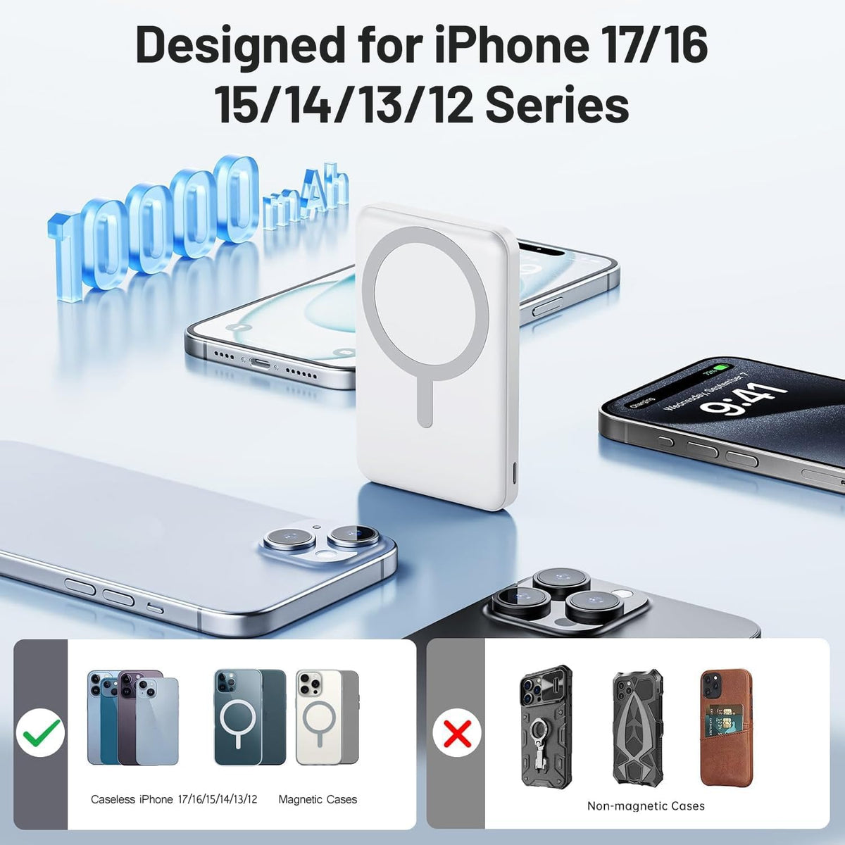 AOGUERBE for MagSafe Portable Charger, 10000mAh Magnetic Charger for iphone